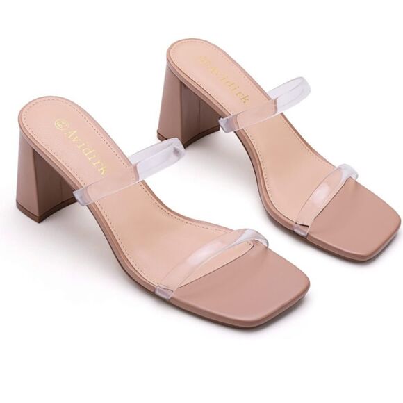 Avidirk Square Open Toe Backless Block Heeled Sandal- Double Clear Strap Slip On - Picture 11 of 14